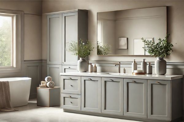 The Appeal Of Gray Bathroom Cabinet With White Countertop