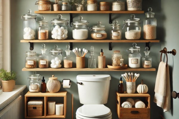 Display Stylish Jars And Containers Decorate Bathroom Shelves Over Toilet