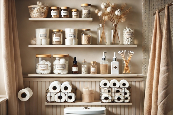 Essentials First: Practical Storage Solutions Put On Floating Shelves In Bathroom