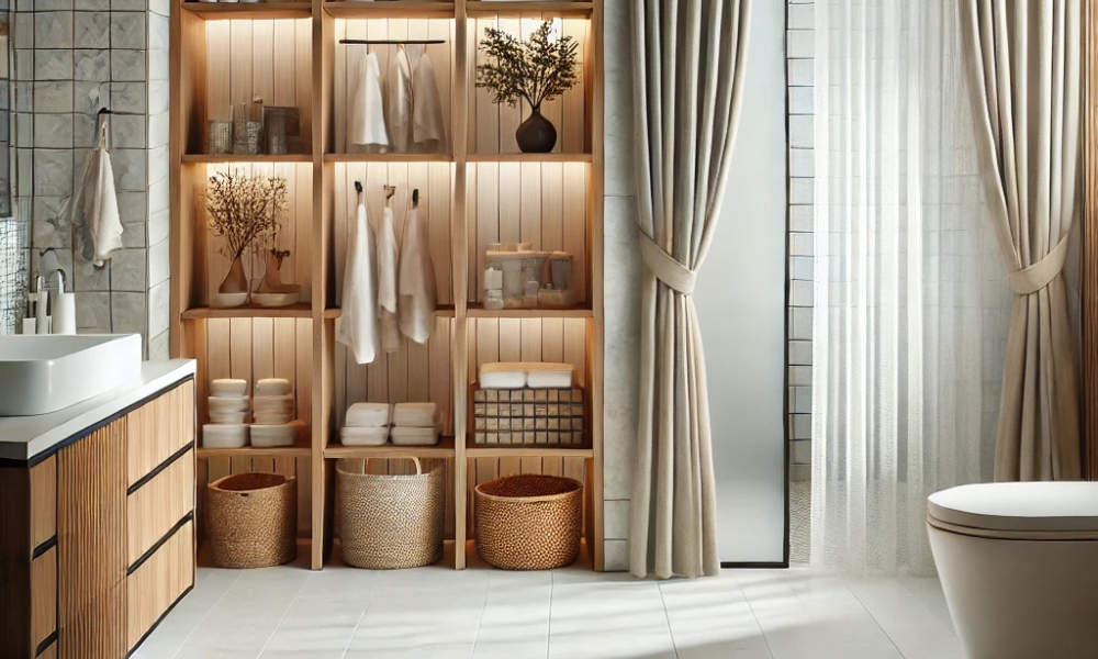 How To Cover Open Shelves In Bathroom