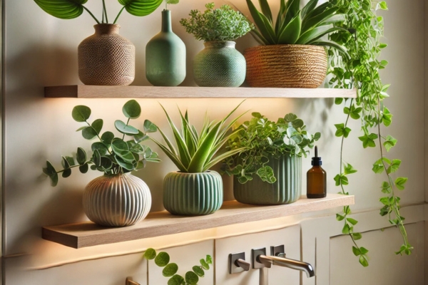 Incorporate Greenery For A Fresh Look Decorate Floating Shelves In Bathroom