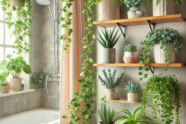 Incorporate Greenery Decorate Shelves in a Bathroom