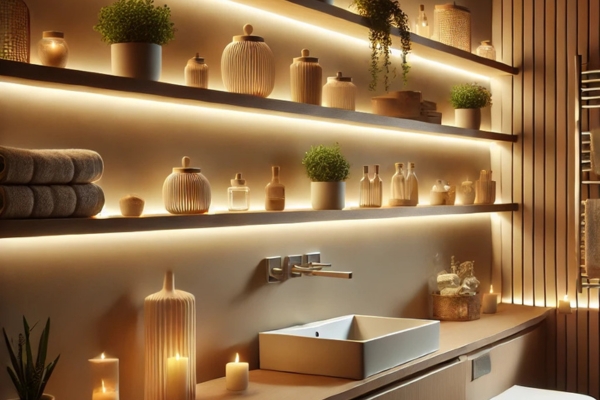 Install LED Lighting For A Cozy Glow Decorate Shelves in a Bathroom