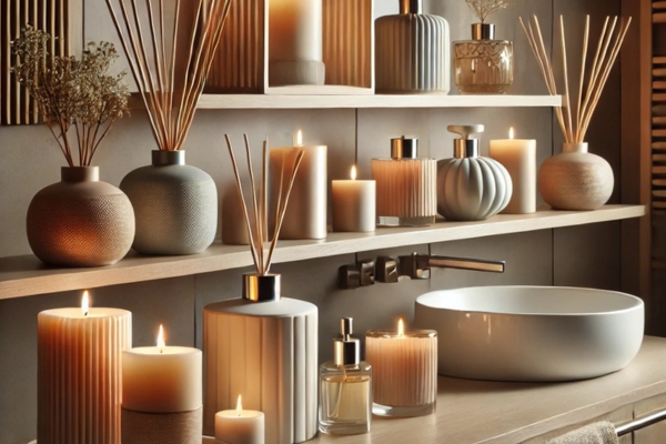 Scented Candles And Diffusers Put On Bathroom Shelves