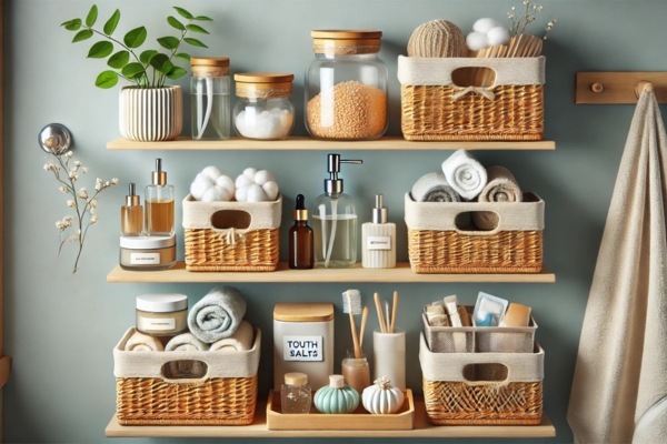 Storage Containers For A Clutter-Free Look Put On Bathroom Floating Shelves