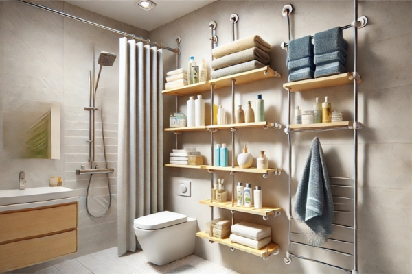 Tension Rod Shelves Create Bathroom Shelves Without Drilling
 