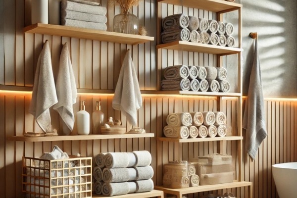 Towels And Washcloths Put On Bathroom Shelves