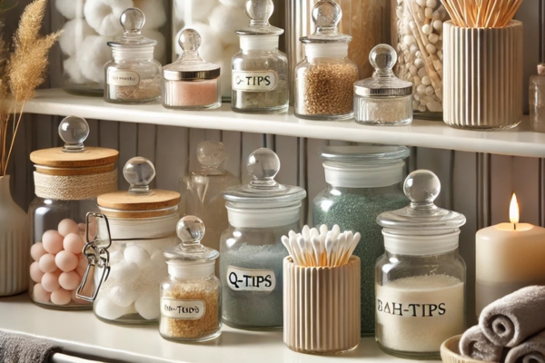 Use Apothecary Jars For Essentials Decorate Shelves in a Bathroom