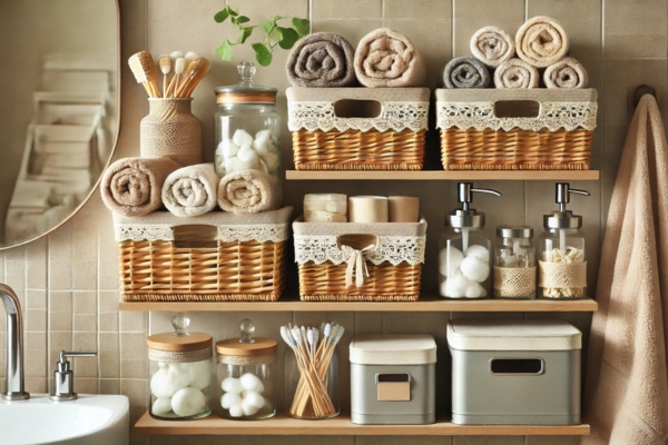 Use Baskets And Containers Style Bathroom Shelves