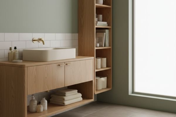 Warmth from Wood: Vanities and Open Shelving 