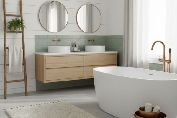 Final Accents: Rugs, Ladders, and Metallic Warmth in Modern Farmhouse Bathroom Decor 