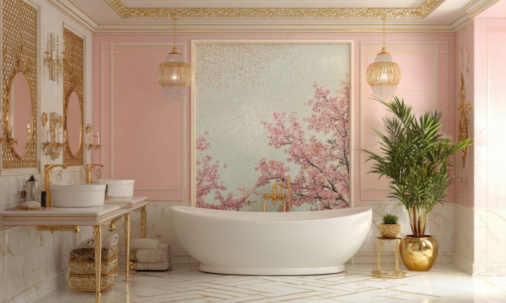 Vintage farmhouse bathroom decor with rustic accents and greenery